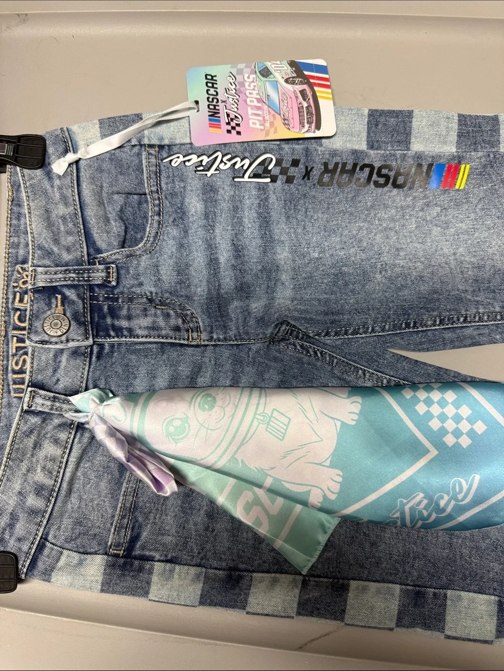 Justice Blue Denim Flare Jeans with Check-Trim and Pastel Bandana nascar